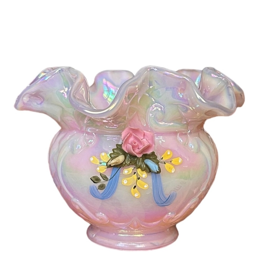 Vtg FENTON Pink Iridescent Hand Painted 4" Rose Bowl w/ Porcelain Flowers Signed